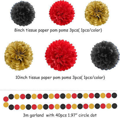 Red-Black Gold Casino-Theme Graduation Party-Decorations - 23pcs Kits Game Night Streamer Tissue Paper Pom Poms,Tassel Garland Banner,Birthday Wedding Baby Bridal Shower Decor Lasting Surprise