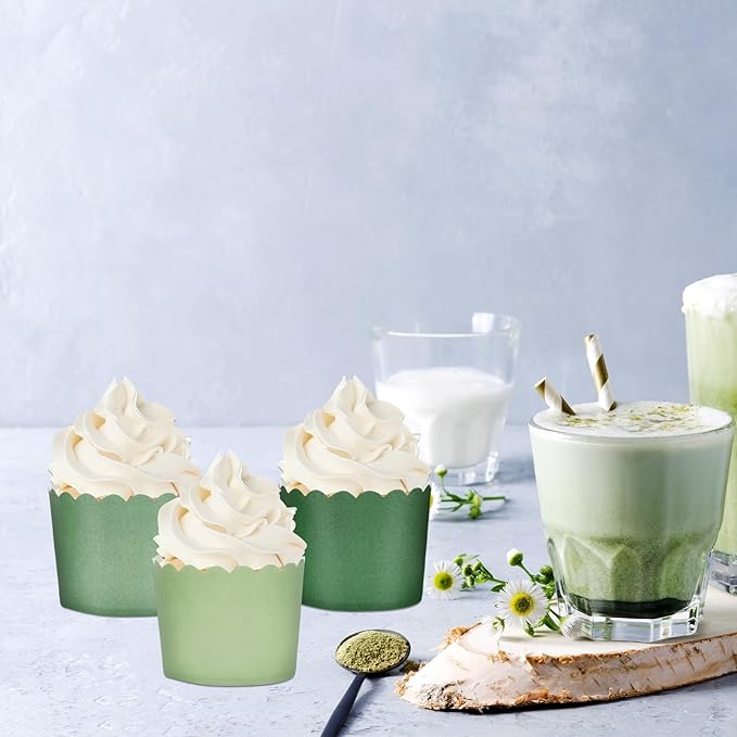 Whaline 120Pcs Sage Green Paper Baking Cups Scalloped Edge Cupcake Wrappers Gradient Green Cupcake Muffin Cases for Wedding Birthday Baby Shower, 3 Colors