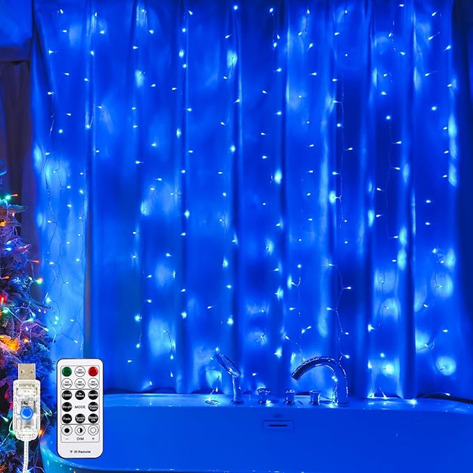Curtain Light for Bedroom, 200LED 6.6x6.6ft Blue Window Wall Hanging Fairy Curtain String Light, 8 Modes Remote Fairy String Lights Indoor for Wedding Party Home Garden Decorations