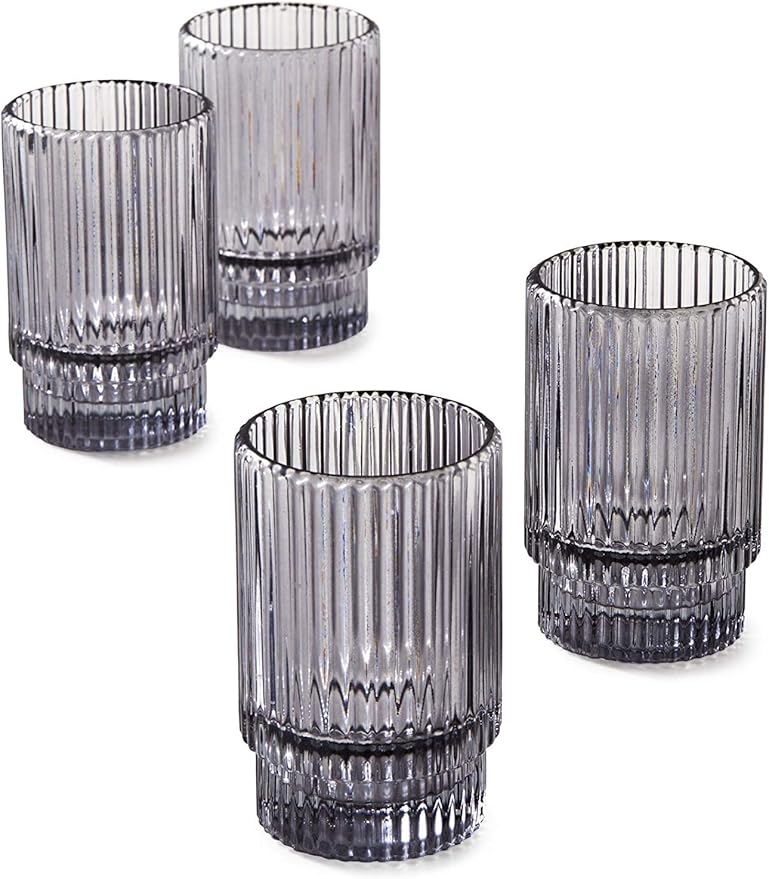 Serene Spaces Living Set of 4 Short Smoke Grey Ribbed Glass Votive Holder, Perfect for Weddings and Home Décor, Measures 3.75" Tall and 2.25" Diameter