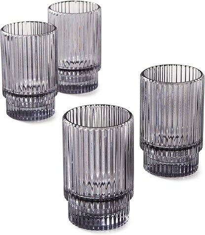 Serene Spaces Living Set of 4 Short Smoke Grey Ribbed Glass Votive Holder, Perfect for Weddings and Home Décor, Measures 3.75" Tall and 2.25" Diameter