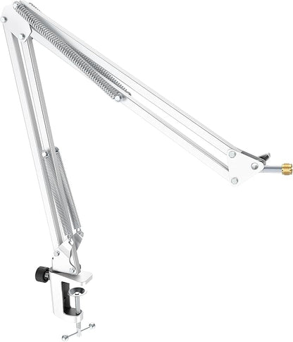 FIFINE Microphone Boom Arm, Suspension Mic Arm Stand with Mount Clamp, Metal Scissor Mic Stand with 3/8" to 5/8" Adapter for Home Studio Recording Podcast Gaming-CS1 White