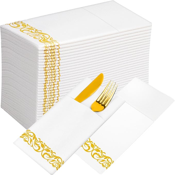 KAMMAK White Dinner Paper Napkins with Pocket Disposable 100 Pack Yellow Trim Linen Feel Wedding Reception Napkins Hand Paper Towels Folded Lunch Napkins for Party, Bathroom (16 x 16 inch)