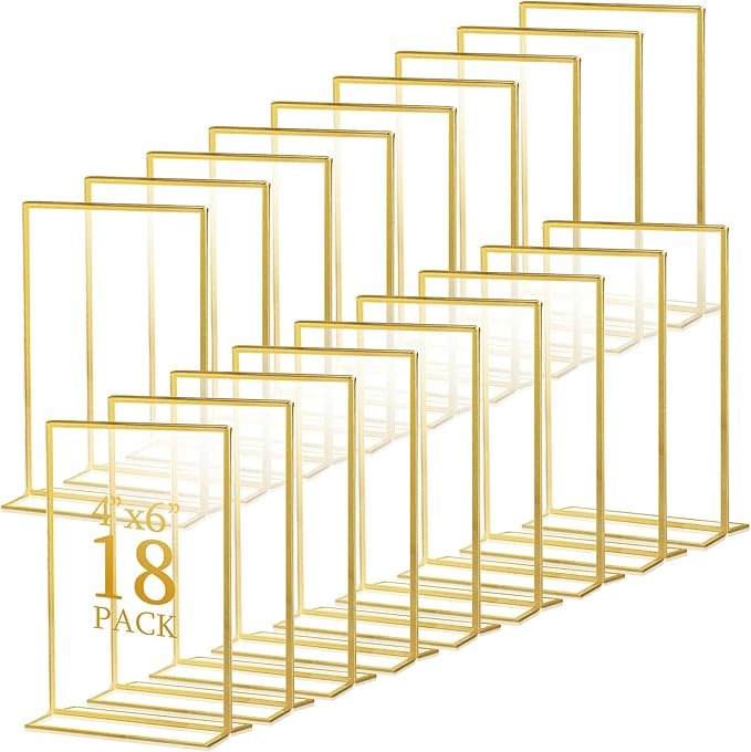 Hoteam 18 Pack Acrylic Sign Holder 4 x 6 Inch Gold Frames Wedding Table Number Holders, Double Sided Picture Frame Clear Display Menu Stand for Home Photo Flyers Wedding Party (Vertical)