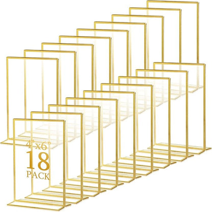 Hoteam 18 Pack Acrylic Sign Holder 4 x 6 Inch Gold Frames Wedding Table Number Holders, Double Sided Picture Frame Clear Display Menu Stand for Home Photo Flyers Wedding Party (Vertical)