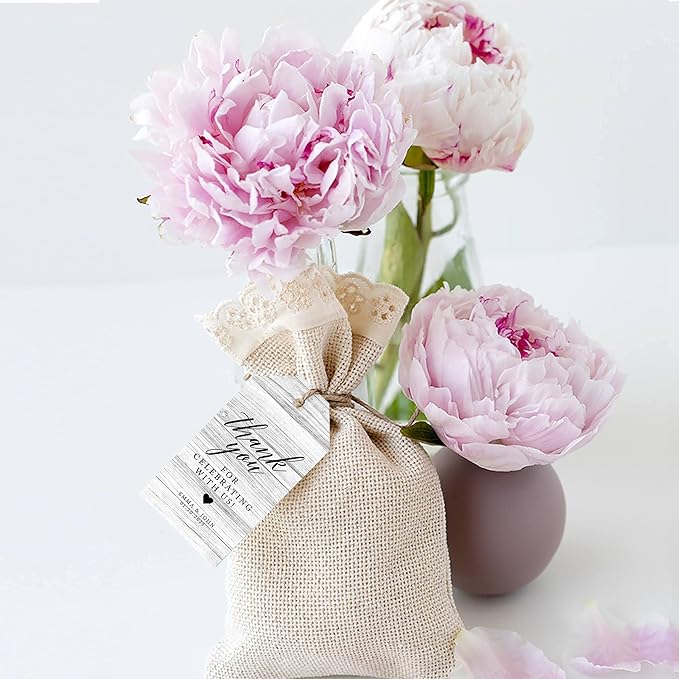 Andaz Press 100-Pack Personalized Thank You Tags with Bakers Twine - Gray Rustic Wood Custom Cardstock Wedding Gift Tags - 2 x 3.75-Inches