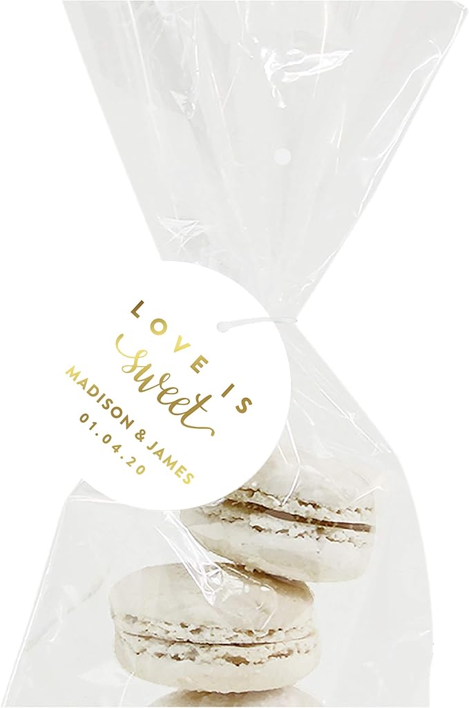 Andaz Press Personalized Round Circle Wedding Gift Tags, Metallic Gold Ink, Love is Sweet, 24-Pack, Custom Made Any Name