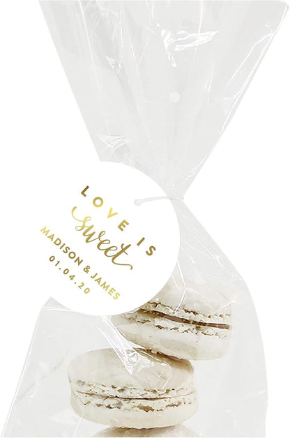 Andaz Press Personalized Round Circle Wedding Gift Tags, Metallic Gold Ink, Love is Sweet, 24-Pack, Custom Made Any Name