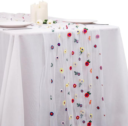 BINBE 1pcs Ivory Daisy Fall Table Runner Embroidery Gauze 10FT Florals Seasonal Tulle Holiday Birthday Kitchen Dining Table Decor for Home Party