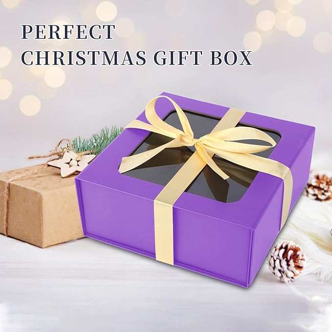 Purple Gift Boxes with Window,7.5"x7.5"x3.1" Bridesmaid Boxe for Gift Giving,Birthday Gift Box with Magnetic,Closure Lid Gift Boxes for Presents,Cute Boxe,Luxury for Gift Packaging,Gift Box for Wrapping Gifts