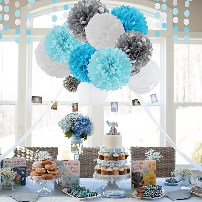 Royal-Light Blue Silver Party Decorations - 30pcs Tissue Pom Poms Streamers,Birthday Tassel Garland Banner,Graduation Wedding Engagement Baby Bridal Shower Decor Ouruola