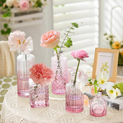 Pink Glass Bud Vases Set of 20 - Mini Vintage Vases for Wedding Decorations Home Table Flower Decor, Small Carved Design Glass for Centerpieces