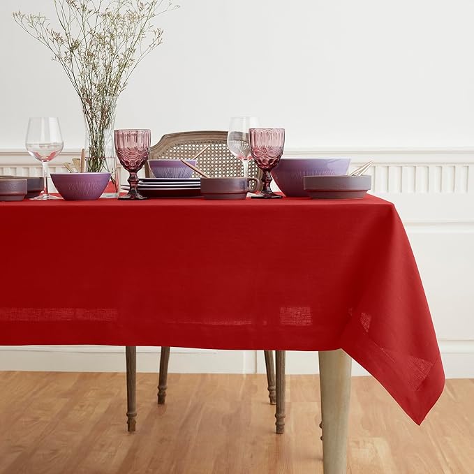 Solino Home Linen Red Tablecloth 60 x 102 Inch - 100% Pure Linen Rectangular Tablecloth - Machine Washable Table Cloth for Christmas, Holiday - Fete