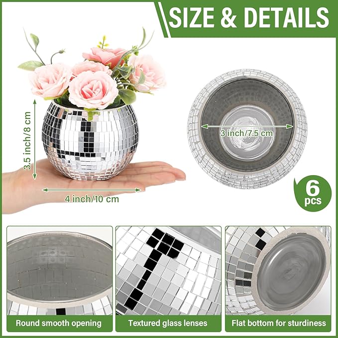 Jinei 12 Pcs Disco Vases Bulk Silver Mirror Disco Ball Flower Glass Ball Planter Candle Holder Glass Vase for Wedding Table Centerpieces Bedroom Office Birthday Decoration (3" X 4")