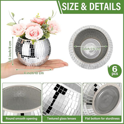 Jinei 12 Pcs Disco Vases Bulk Silver Mirror Disco Ball Flower Glass Ball Planter Candle Holder Glass Vase for Wedding Table Centerpieces Bedroom Office Birthday Decoration (3" X 4")