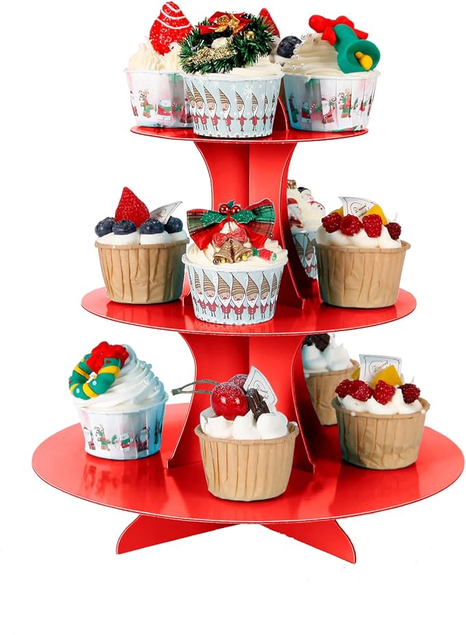 2Pcs 3-Tier Cupcake Stand, Cake Stand holder, Tiered DIY Cupcake Stand Tower for Dessert Table Displays, Birthday Theme Party Favors Decoration, Floral Tea Party, 12" W x 12.8" H, Red
