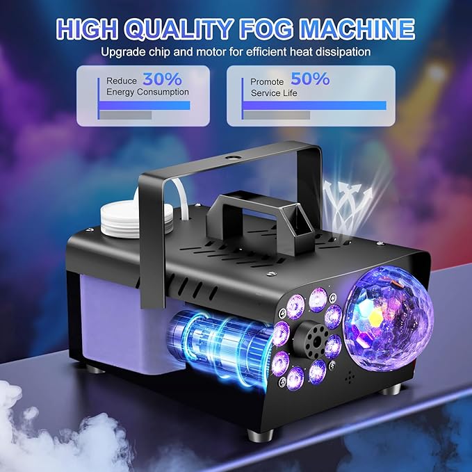 1200W Fog Machine, Halloween Smoke Machine Fog with Disco Ball Lights, 6000CFM with 13-Color LED Effects, Wired And Wireless Remote Controls, Ideal for Indoor, Outdoor, Wedding, Parties, and DJ Stage