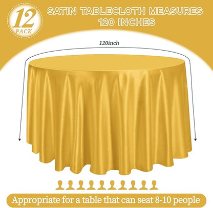12 Pack 120 Inch Gold Satin Tablecloth - Premium Bright Silky Round Tablecloth Overlay Smooth Fabric Table Cover, Table Decoration for Wedding Party Banquet Events Restaurant Kitchen Dining