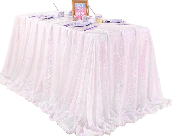 QueenDream Iridescent Mermaid Themed Party Decorations: 90x90 Inch Sequin Table Cloths White Birthday Tablecloth Glitter Fabric Overlay