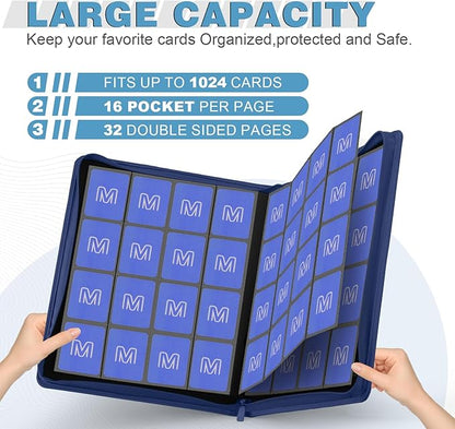 Premium Card Binder 16 Pocket,Trading Card Binder Holds up to 1000+Cards Sturdy Card Collection Album, Card Holder Folders for MTG, TCG, Game Cards & Sports Cards