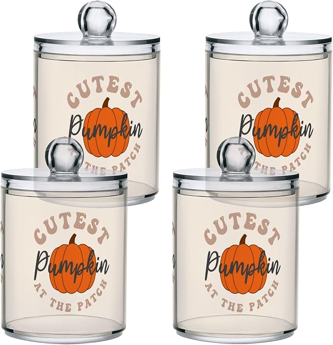Gredecor 2 Pack Apothecary Jars with Lid Cutest Pumpkin Qtip Holder Dispenser Storage Containers Clear Plastic Cute Rustic Fall Autumn Thanksgiving Theme Canisters for Bathroom Vanity Organization