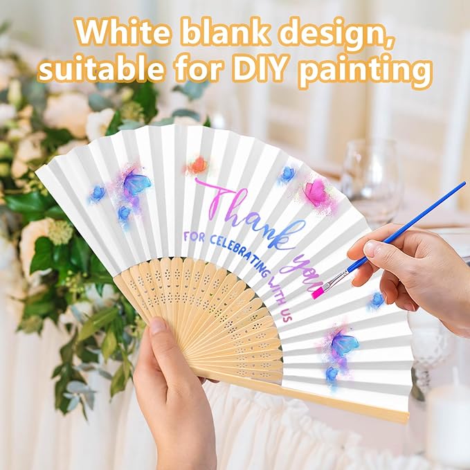 50Set Wedding Hand Fans Party Favors White Paper Folding Handheld Fans Bulk, DIY Bamboo Fans with Thank Tag Organza Bag for Guests Bridal Dancing Props Church Decoation