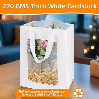 MOXARYSU 12 Pcs White Gift Bags with Clear Window: 9.8x5.1x7.1 Inch Medium Kraft Paper Bags with Handle For Party Business Birthday Wedding (White,12p)