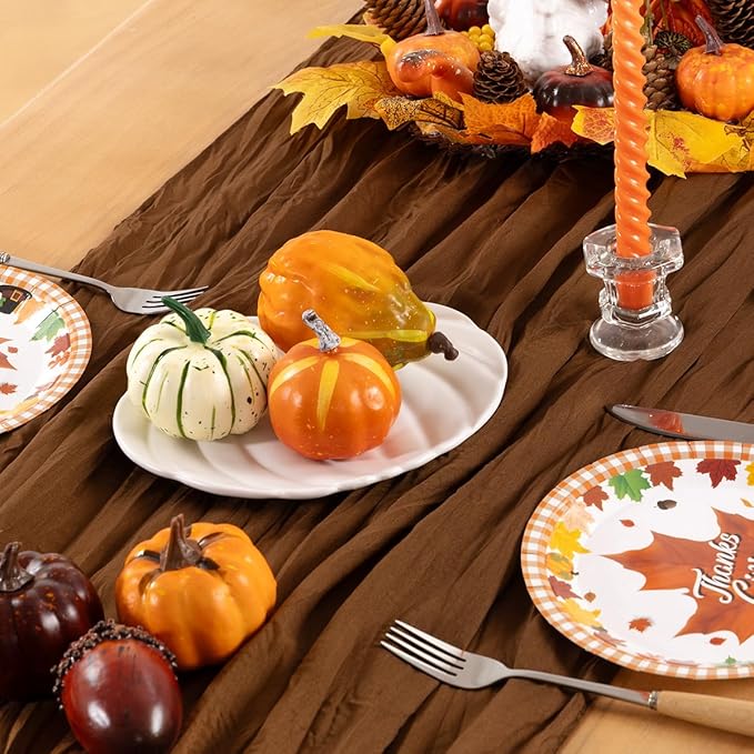 Brown Cheesecloth Table Runner Tan 4 Pack Fall Table Runners Boho Gauze 120 Inches Marron Cheese Cloth Fall Table Decorations for Thanksgiving Wedding Bridal Baby Shower Tea Party Decor