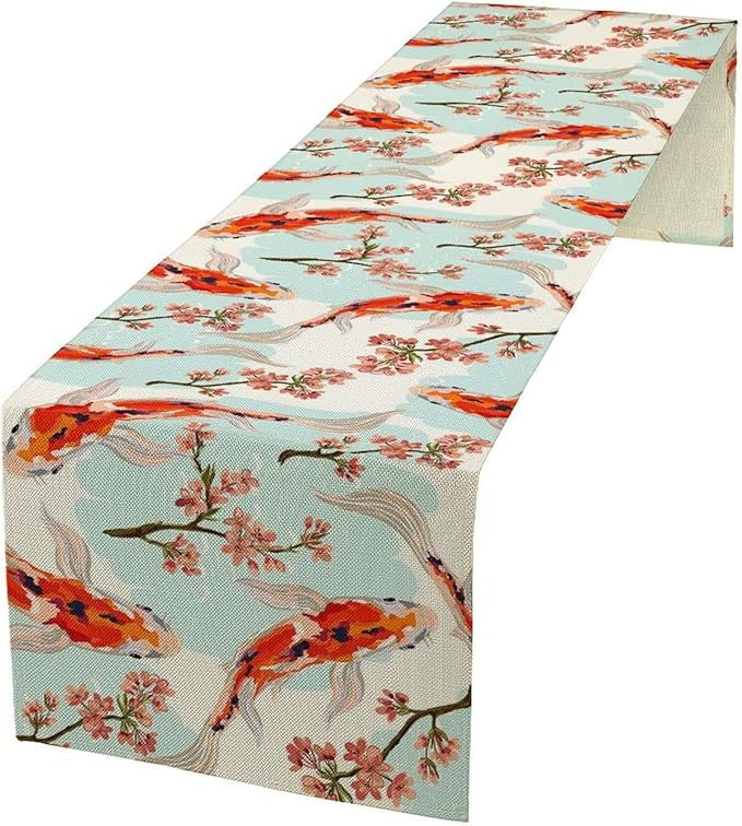 Japanese Kio Fish Table Runner Cherry Flower Art Printed Burlap Runner Home Kitchen Dining Table Living Room Decor Fabric 1 Panel W13xL120in