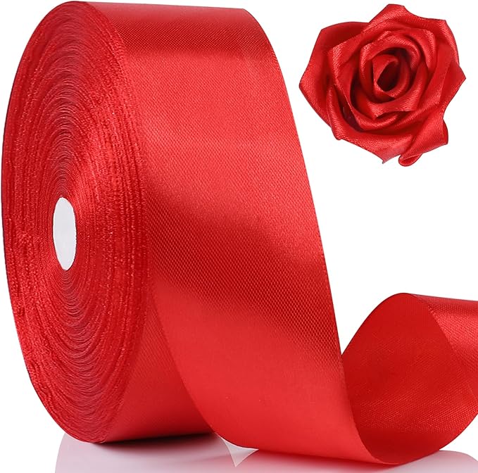 NESCCI 100 Yards Ribbon,1-1/2 Inch Red Satin Ribbon,Single Face Satin Ribbons,Perfect for Gift Wrapping,Wedding Decoration,Handmade Bows, Wrapping Bouquet,Halloween, Christmas