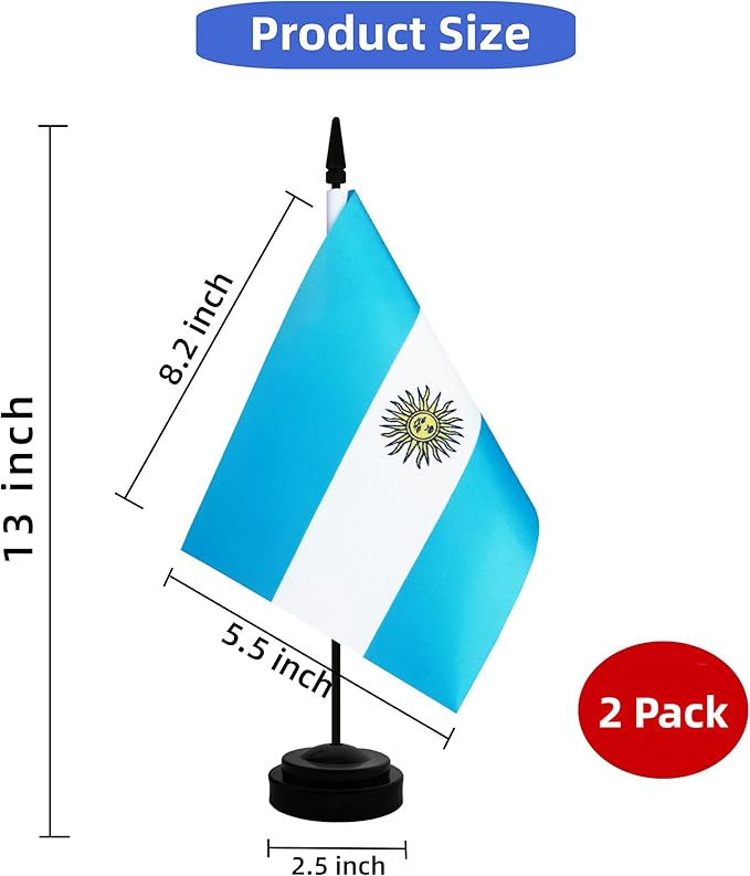 2 Pack Argentina Desk Flag, Argentinian Table Office Flag with Solid Pole and Stand Base, International Country Flag, Festival Celebration, Classroom Meeting Desktop Decoration (Argentina)