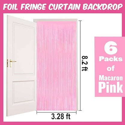 6 Pack Macaron Pink Foil Fringe Curtains Backdrop, 3.28 x 8.2 Ft Metallic Streamers Tinsel Curtains Background for Photo Booth, Birthday, Weddings, Carnivals, Graduation, Themed Party Decorations