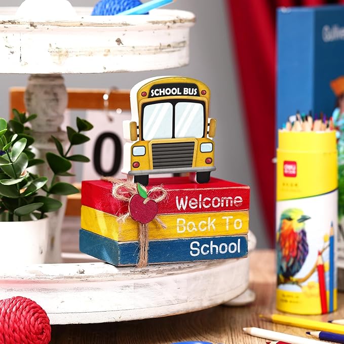 4 Pcs Back to School Table Decorations First Day of School Tiered Tray Decorations Decorative Mini Wooden Books Subject Signs for Office Shelf Classroom Tabletop Bookshelf(Bus)