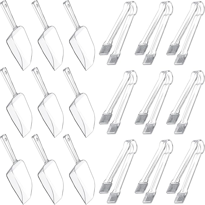 Roshtia 18 Pcs Plastic Serving Tongs Mini Kitchen Tongs Utility and Plastic Kitchen Scoops Clear Ice Scoop Mini Clear Buffet Scoop for Candy Dessert Buffet Ice Snack Coffee Tea
