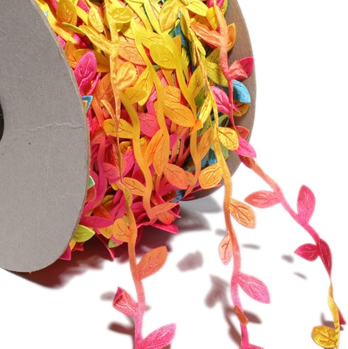 BASOKAN Colorful Rainbow Leaves Leaf Ribbon Trim Rope - 20 Yards - for Garland DIY Crafts and Party Wedding Home Decorations