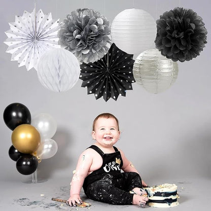 Black-White Silver Party-Decorations Paper-Lanterns - 14pcs New Years Streamers Fan,Tissue Pom Poms,Graduation Men Boys Birthday Wedding Baby Bridal Shower Decor Lasting Surprise