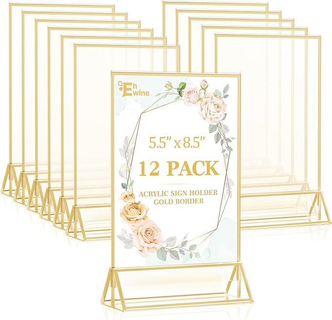 EHWINE 12 Pack Acrylic Sign Holder 5.5 x 8.5, Double Sided Gold Picture Frame Stand up Table Top Sign Holders, Clear Display Stand Menu Flyer Holder for Wedding Party