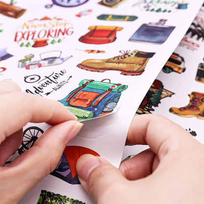 Cool Camping Adhesive Stickers 670 Counts Adventure Hiking Stickers for Adults Birthday Invitations Decorations Party Goodie Gifts Bags Decor School Game Class Rewards Water Bottle Sticker