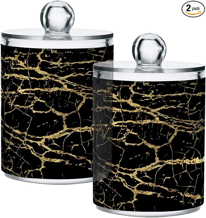 Qtip Holder Dispenser 2 Pack Gold Black Marbling Bathroom Decorative Storage Canister Holder Counter Vanity Organizer for Cotton Ball Swabs Pads Floss