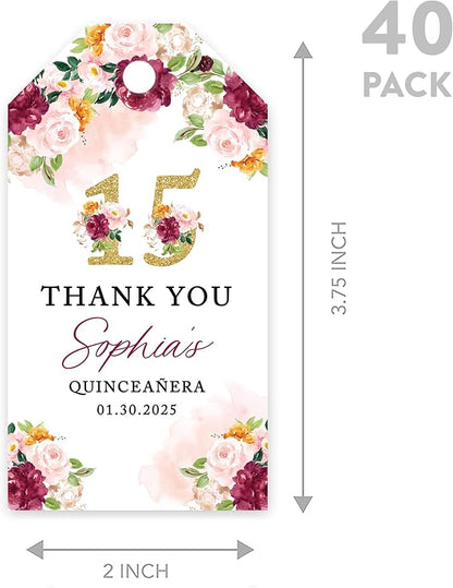 Andaz Press 40-Pack Personalized Quinceañera Favor Tags with String, Burgundy & Blush Florals Custom Classic Thank You Gift Tags for Mis Quince Años XV 15th Birthday Favor Gifts, Decorations