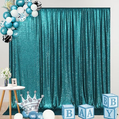SquarePie Sequin Backdrop Curtain Not See Through Thick Glitter Background for Party 8FT x 8FT Teal
