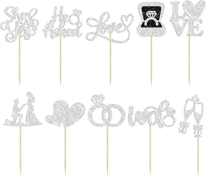 Ephlyn 30Pcs He Asked She Said Yes Cupcake Toppers Glitter Engagement Cupcake Toppers Diamond Ring Heart Love I Do Cupcake Picks for Engagement Wedding Party Cake Decorations Silver
