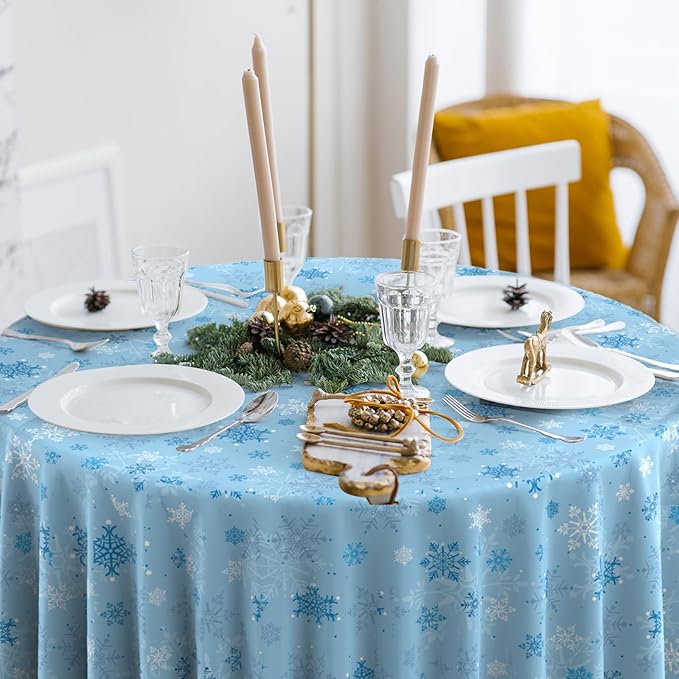 3Pcs Christmas Snowflake Plastic Party Tablecloth Decorations,Disposable Light Blue Snowflake Xmas Round Table Cover Backdrop for Winter Onederland Christmas Holiday Party Supplies,84 inch(Light Blue)