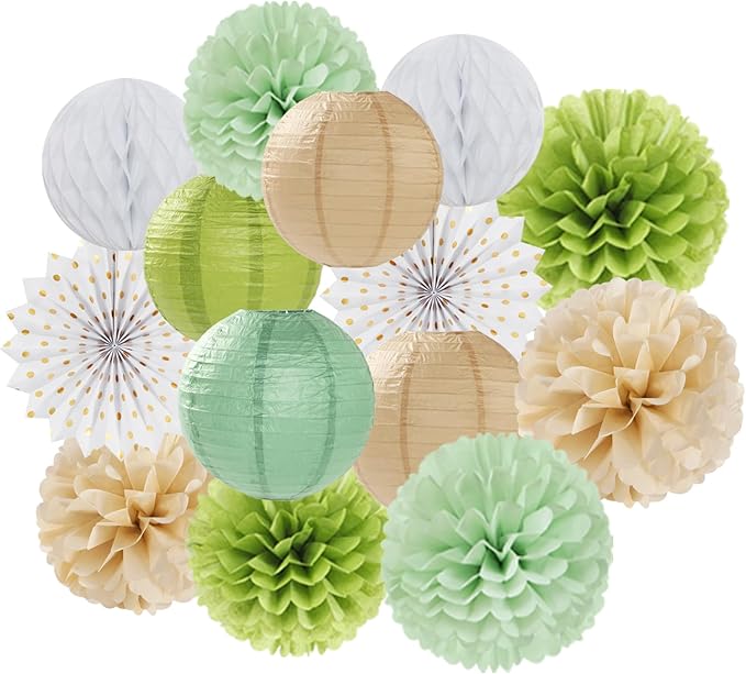 Olive-Sage Green-Boho Party-Decorations Streamers-Lanterns - 14pcs Baby Bridal Shower Wedding Paper Fan, Eucalyptus Wild Safari Jungle Birthday Tissue Pom Poms, Honeycomb Balls Decor Lasting Surprise