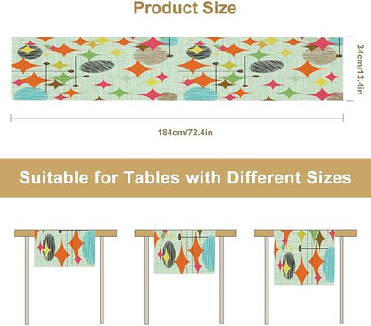Mid Century Table Runner,Abstract Retro Modern Geometric Colorful Stripe Pattern Print Tablecloth Burlap for Hotel Indoors Outdoor Dining Room Kitchen Holiday Party, 13x60in