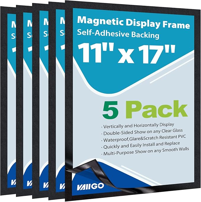 11"x 17" Self Adhesive Magnetic Sign Holder, Double Sided Window Magnetic Display Frame with Clear PVC and Strong Magnetic for Office/Store/Door/Glass/Refrigerator Display Frame(Black, 5Pack)