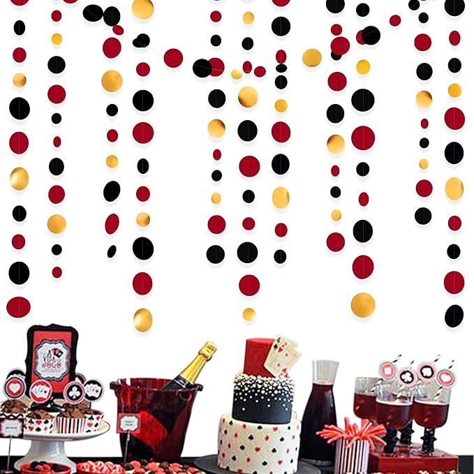 Gold Black Red Party Decorations Circle Dots Streamer Hanging Paper Polka Dots Garland for Graduation Birthday Wedding Anniversary Baby Shower Holiday Pirate Poker Casino Las Vegas Party Supplies