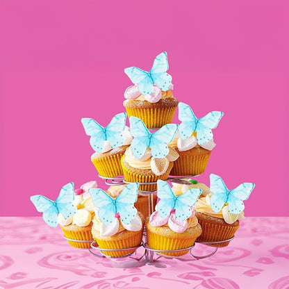 Ephlyn 48Pcs Edible Wafer Paper Butterflies for Cupcake Toppers Picks Edible Butterfly Cake Decorations for Wedding Birthday Party Baby Shower Kids Birthday Party Cake Supplies Light Blue