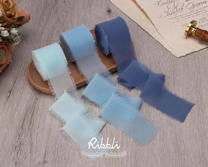 Ribbli Chiffon Ribbon 1.5 inch x 30 Yard Handmade Silk Ribbon,Light Blue/Baby Blue/Dusty Blue Fringe Chiffon Ribbon for Wedding Invitations, Bridal Bouquets Wrapping, Flower Arrangement Decoration