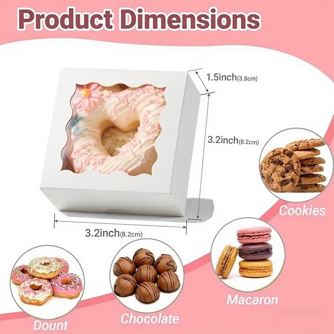 RomanticBaking 3 ¼" x 3 ¼" x 1 ½" 50PCS Chocolate Truffle Boxes for 4，Cookies Boxes Mini Bakery Boxes with Window for Brownie,Soap,Donut